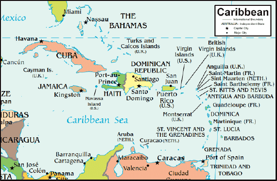 a map of the caribbean islands and its major cities